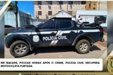 EM MACAPÁ, POUCAS HORAS APÓS O CRIM3, POLÍCIA CIVIL RECUPERA MOTOCICLETA FURTADA