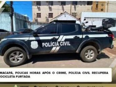EM MACAPÁ, POUCAS HORAS APÓS O CRIM3, POLÍCIA CIVIL RECUPERA MOTOCICLETA FURTADA